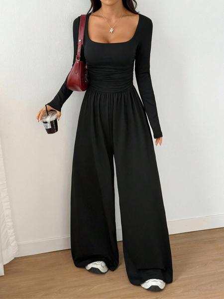 Women's Fall Winter Knit Wide Leg Jumpsuit, Casual Fashion Plain Color Round Neck One-Piece, Versatile Long Sleeve Romper Women's Fall Winter Knit Wide Leg Jumpsuit, Casual Fashion Plain Color Round Neck One-Piece, Versatile Long Sleeve Romper