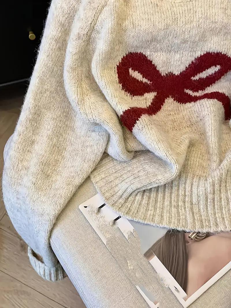 Elegant Bow Knit Sweater for Women, Sweet Autumn Winter Fashion, Thick Casual Pullover Top, Unique Design, Versatile Outerwear