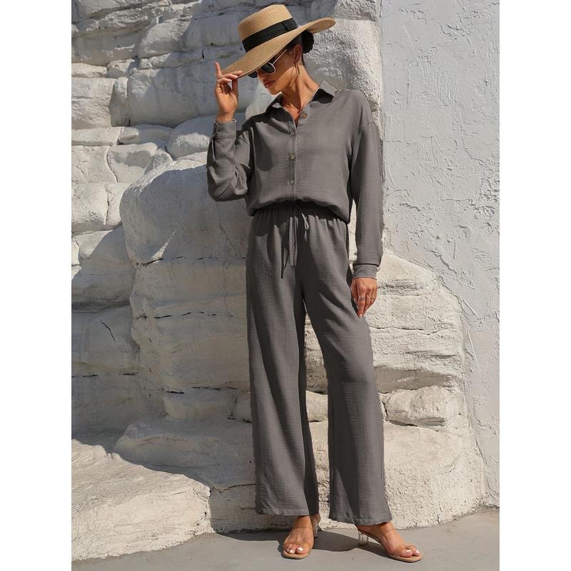 Women's Solid Button Front Shirt & Tie Front Wide Leg Pants Two-piece Set, Casual Drop Shoulder Long Sleeve Blouse Top & Trousers 2 Piece Set for Spring & Fall, Women's Clothes for Daily Wear Womenswear Suits Apricot Basic Minimalist Women's Solid Button Front Shirt & Tie Front Wide Leg Pants Two-piece Set, Casual Drop Shoulder Long Sleeve Blouse Top & Trousers 2 Piece Set for Spring & Fall, Women's Clothes for Daily Wear Womenswear Suits Apricot Basic Minimalist