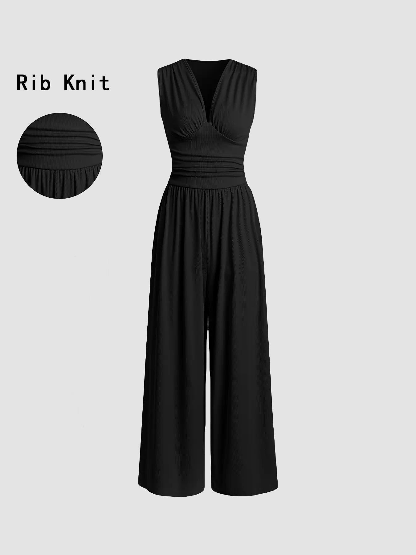 Women's Plain Ruched Deep V Neck Wide Leg Jumpsuit, Sleeveless Ribbed Jumpsuit for Daily Wear, Ladies Clothes for All Seasons, Casual Basic Jumpsuit, Casual Jumpsuits Women's Plain Ruched Deep V Neck Wide Leg Jumpsuit, Sleeveless Ribbed Jumpsuit for Daily Wear, Ladies Clothes for All Seasons, Casual Basic Jumpsuit, Casual Jumpsuits