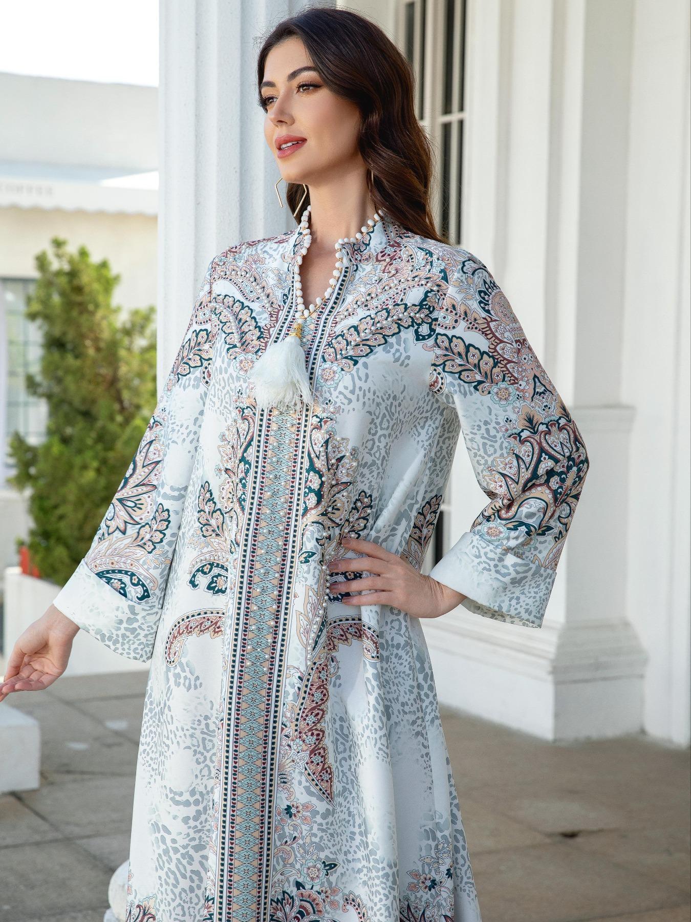 Women's V Neck Long Dress, All-Season Loose Fit A-Line Jalabiya, Soft 75D Stretch Fabric, Elegant Arabic Clothing Women's V Neck Long Dress, All-Season Loose Fit A-Line Jalabiya, Soft 75D Stretch Fabric, Elegant Arabic Clothing
