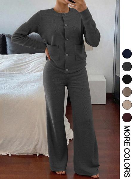 Women's Casual Comfortable Round Neck Long Sleeve Knit Sweater Set, High Waist Versatile Wide Leg Pants, Perfect for Daily Wear Women's Casual Comfortable Round Neck Long Sleeve Knit Sweater Set, High Waist Versatile Wide Leg Pants, Perfect for Daily Wear