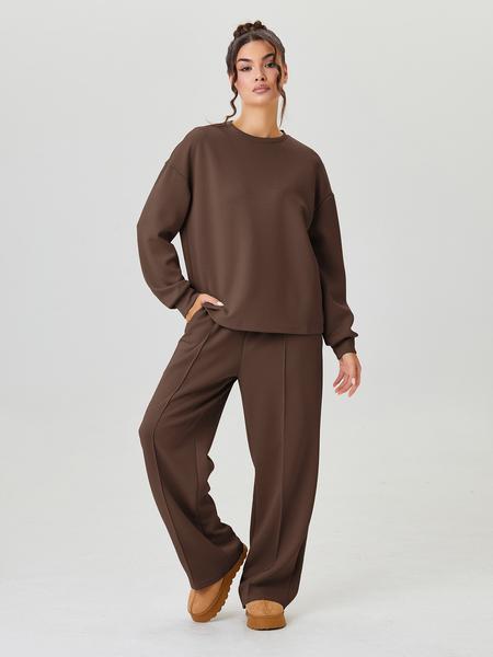 Women's Casual Solid Color Loose Long Sleeve Top & Exposed Stitches Trousers Co-ord