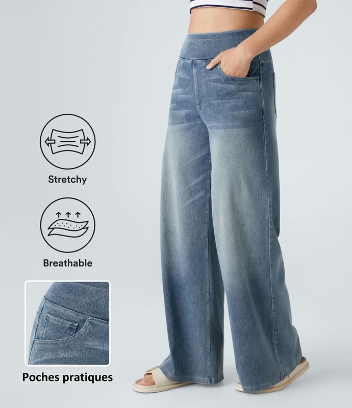 2026🔥 Halara FlexTM High Waisted Multiple Pockets Baggy Wide Leg Washed Stretchy Knit Casual Jeans