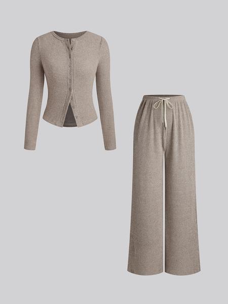 Women's Fall Winter Casual Slim-Fit Long Sleeve Round Neck Top & Pants Set, Plain Pattern Moderate Fabric, Two-Piece