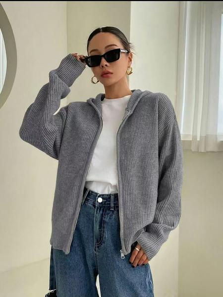 Women's Solid Color Zip Up Hooded Sweater Cardigan, Casual Long Sleeve Knitwear for Fall & Winter, Fashion Ladies' Knit Clothing for Daily Wear