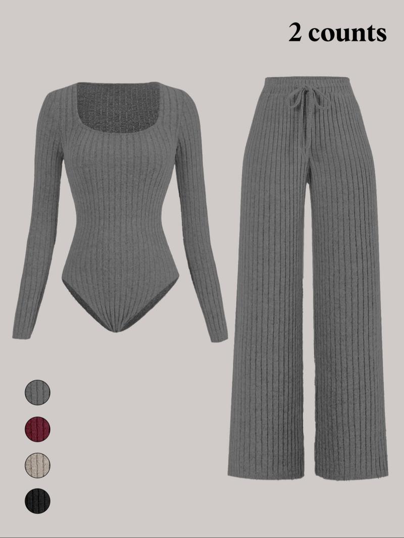 Women's Slim-Fit Solid Color Ribbed Fleece Jumpsuit Set, Wide Leg Pants, Fashionable Comfortable Fabric for Daily Wear Women's Slim-Fit Solid Color Ribbed Fleece Jumpsuit Set, Wide Leg Pants, Fashionable Comfortable Fabric for Daily Wear