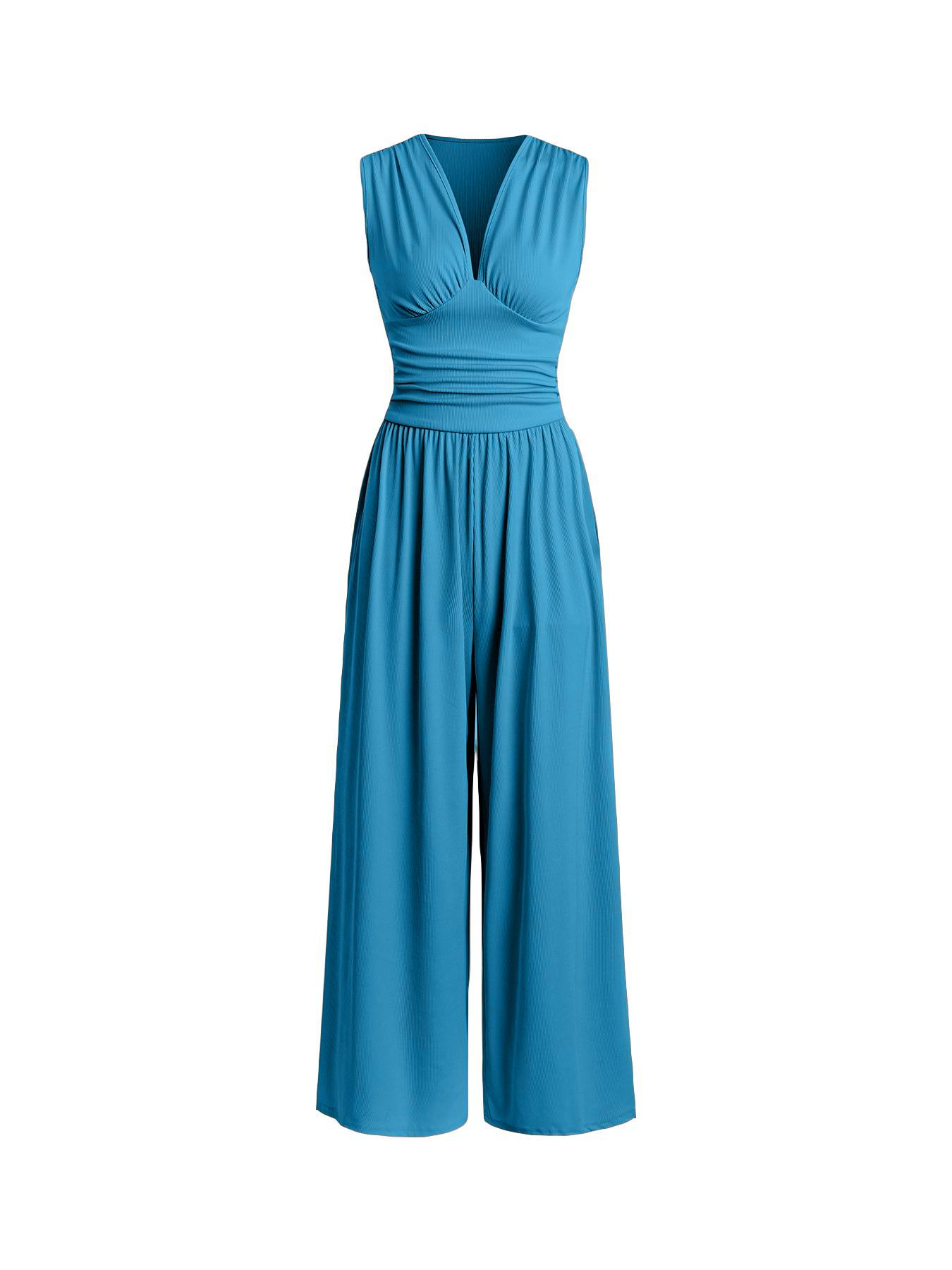 Women's Plain Ruched Deep V Neck Wide Leg Jumpsuit, Sleeveless Ribbed Jumpsuit for Daily Wear, Ladies Clothes for All Seasons, Casual Basic Jumpsuit, Casual Jumpsuits Women's Plain Ruched Deep V Neck Wide Leg Jumpsuit, Sleeveless Ribbed Jumpsuit for Daily Wear, Ladies Clothes for All Seasons, Casual Basic Jumpsuit, Casual Jumpsuits