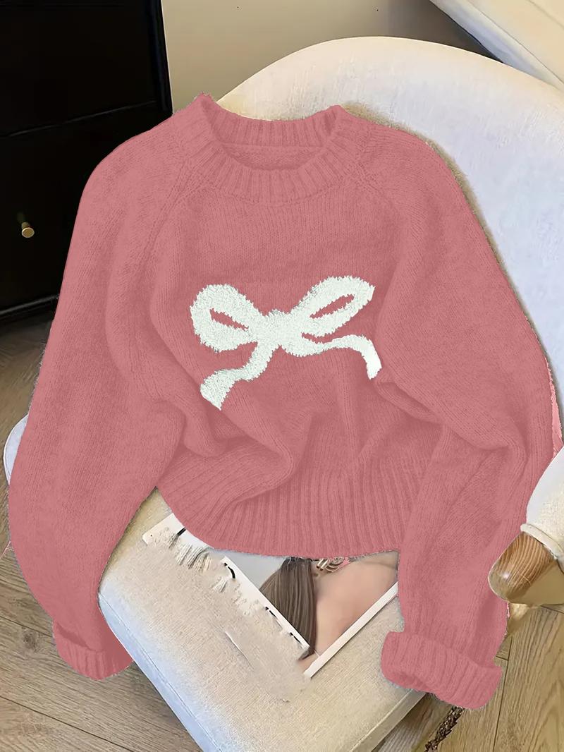 Elegant Bow Knit Sweater for Women, Sweet Autumn Winter Fashion, Thick Casual Pullover Top, Unique Design, Versatile Outerwear