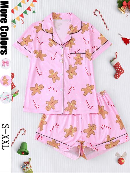 【christmas】Women's Christmas Pajama Set, Santa Cookie Print, Short Sleeve Button-up Top & Elastic Shorts, Casual All-season Sleepwear, Christmas Pyjamas, Loungewear 【christmas】Women's Christmas Pajama Set, Santa Cookie Print, Short Sleeve Button-up Top & Elastic Shorts, Casual All-season Sleepwear, Christmas Pyjamas, Loungewear