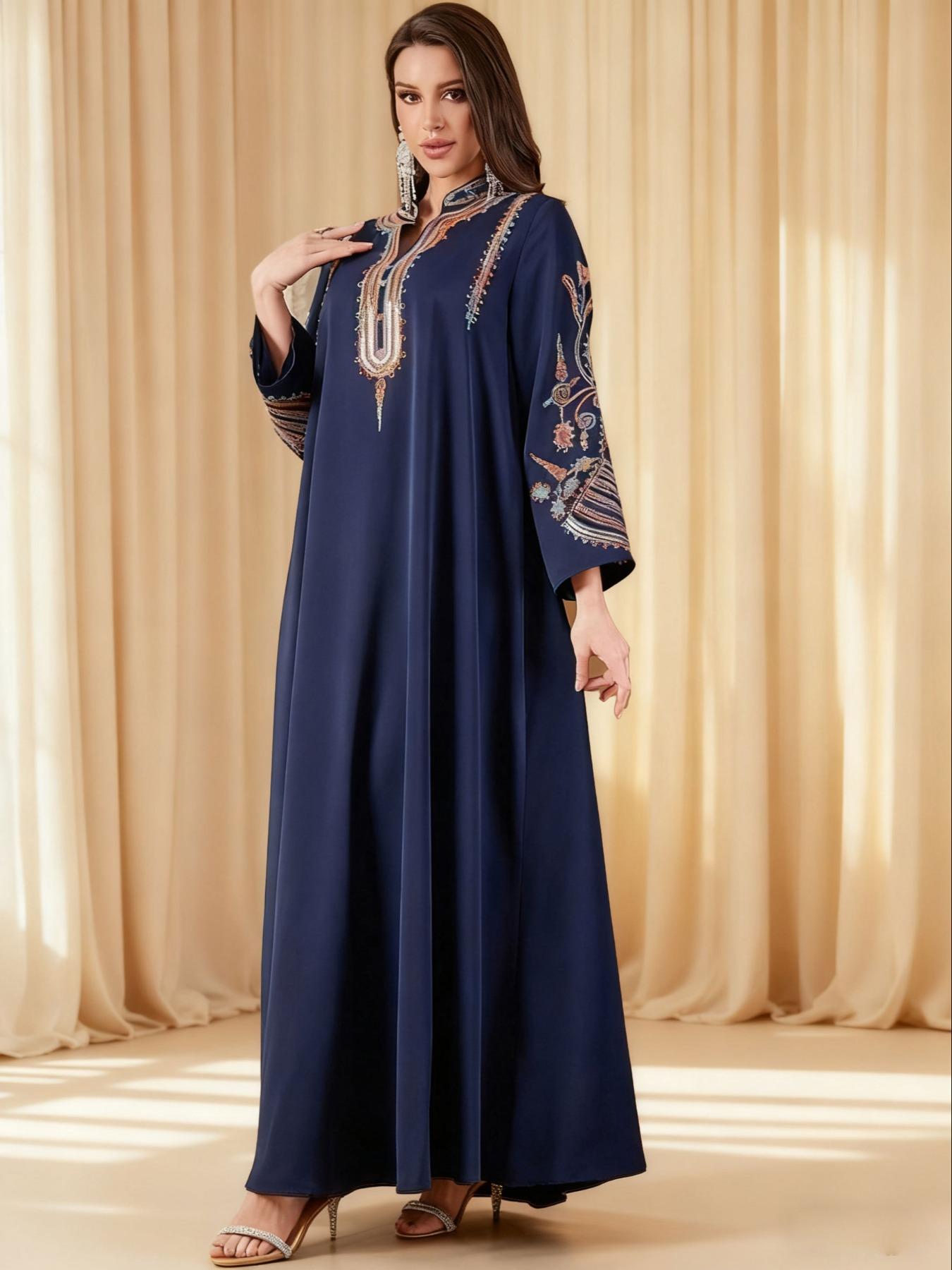 Elegant Muslim Women's Long Robe with Colorful Embroidery, Perfect for All Seasons, Stylish and Comfortable Clothing, Muslim Women Gowns Elegant Muslim Women's Long Robe with Colorful Embroidery, Perfect for All Seasons, Stylish and Comfortable Clothing, Muslim Women Gowns