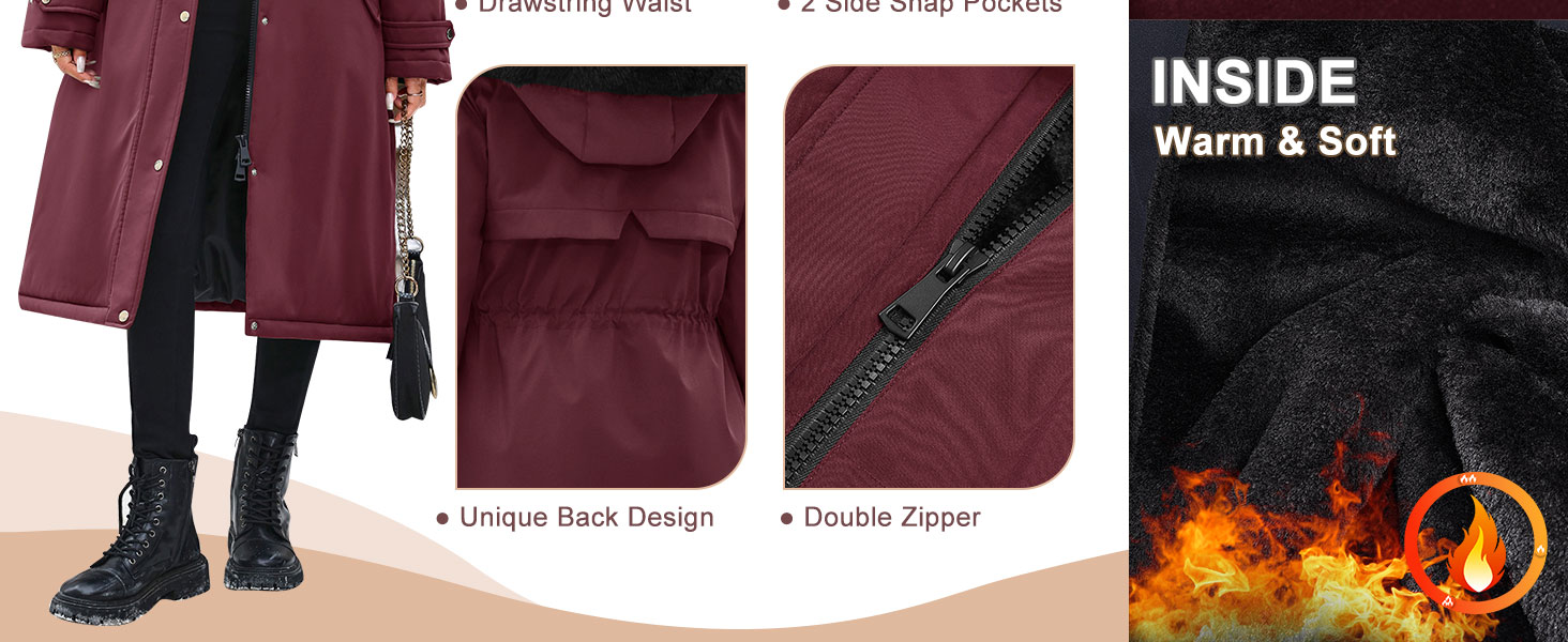Multiple product views showing burgundy-colored winter clothing items including coats and accessories against a white background.