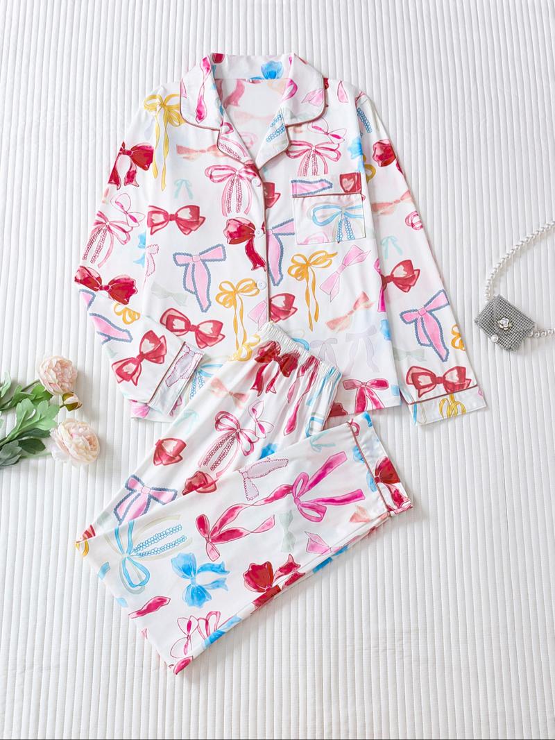 Two-piece Set Women's Bow Print Button Front Pocket Shirt & Elastic Waist Pants Pajama, Casual Comfy Long Sleeve Lapel Neck Top & Trousers Pj Set, Ladies Sleepwear for Spring & Fall Two-piece Set Women's Bow Print Button Front Pocket Shirt & Elastic Waist Pants Pajama, Casual Comfy Long Sleeve Lapel Neck Top & Trousers Pj Set, Ladies Sleepwear for Spring & Fall