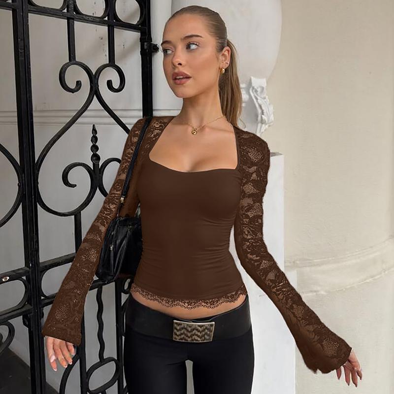 Women's Solid Color Lace Floral Spliced Ruffles Trim Sheer Long Sleeve Tee, Sexy Flower Pattern Designed Slim-fit T-shirt for Party Club Holiday, Ladies Summer Clothes, Top Women's Solid Color Lace Floral Spliced Ruffles Trim Sheer Long Sleeve Tee, Sexy Flower Pattern Designed Slim-fit T-shirt for Party Club Holiday, Ladies Summer Clothes, Top