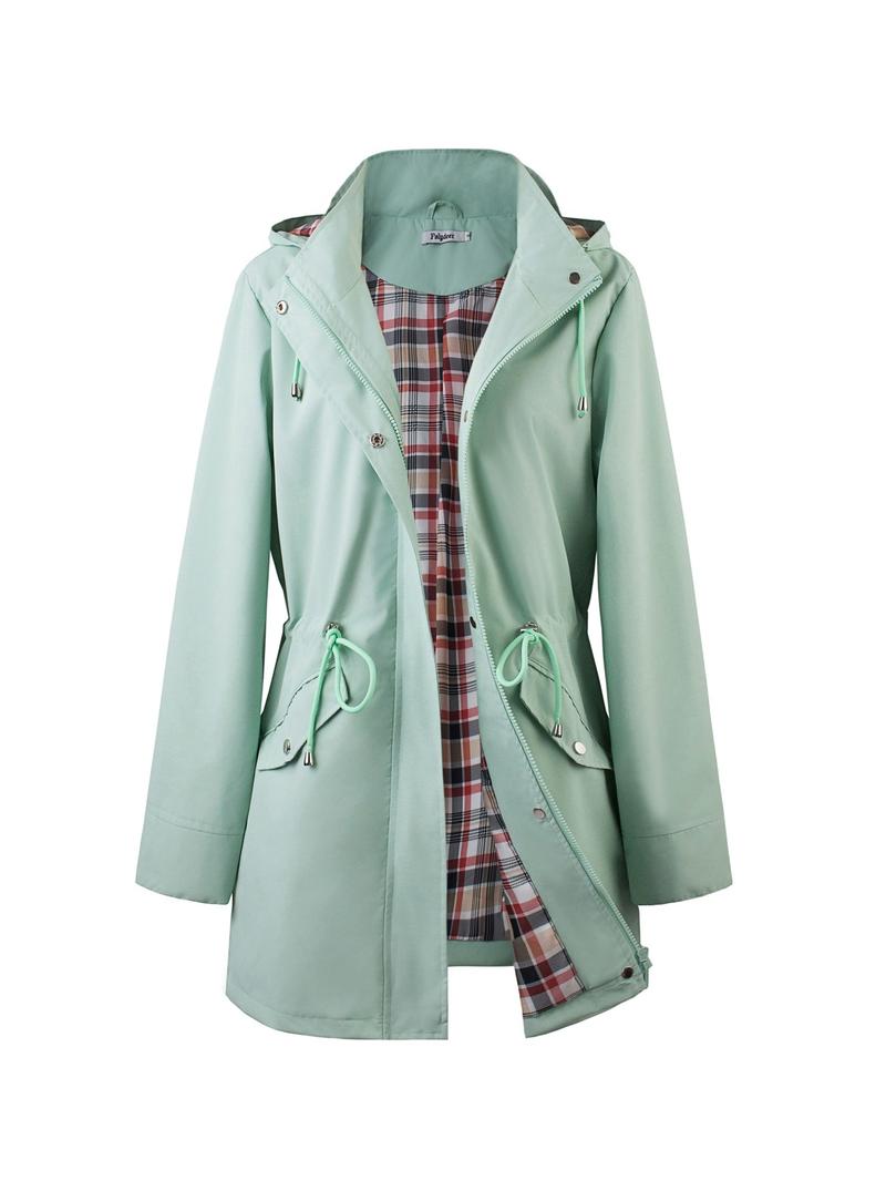 Women's Solid Color Drawstring Zip-Up Hooded Trench Coat Long Sleeve Waterproof Windproof Soft Comfortable Casual Outerwear Suitable For Spring Fall Daily Wear Outings Women's Solid Color Drawstring Zip-Up Hooded Trench Coat Long Sleeve Waterproof Windproof Soft Comfortable Casual Outerwear Suitable For Spring Fall Daily Wear Outings