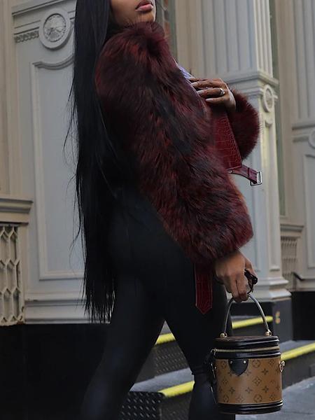 Women's Patchwork Fur Jacket, Crocodile Texture Sleeves, Zipper Design, Casual Biker Style, All Seasons Wear, Stylish & Luxurious Look