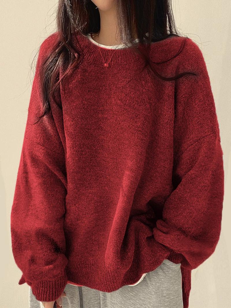 Women's Drop Shoulder Split Hem Sweater, Casual Long Sleeve Round Neck Jumper, Women's Knitwear Top for Fall & Winter, Sweaters for Women