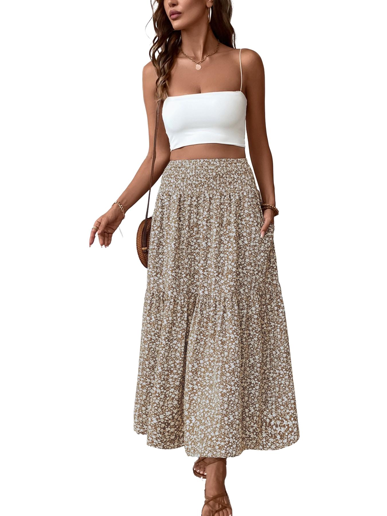 Women's Ditsy Floral Vintage Casual Vacation Layered A-Line Skirt, Elegant Long Skirt for Spring & Fall, All over Print Fitted Style Women's Ditsy Floral Vintage Casual Vacation Layered A-Line Skirt, Elegant Long Skirt for Spring & Fall, All over Print Fitted Style