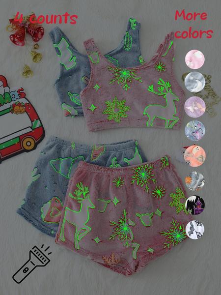 4 Counts/2 Set Women's Halloween Print Glow in The Dark Crop Tank Top & Elastic Waist Shorts Fluffy Pajamas, Casual Comfortable Loungewear for Women, Comfy Loungewear for Women, Women's Sleepwear for Fall, Fluffy Pajamas 4 Counts/2 Set Women's Halloween Print Glow in The Dark Crop Tank Top & Elastic Waist Shorts Fluffy Pajamas, Casual Comfortable Loungewear for Women, Comfy Loungewear for Women, Women's Sleepwear for Fall, Fluffy Pajamas
