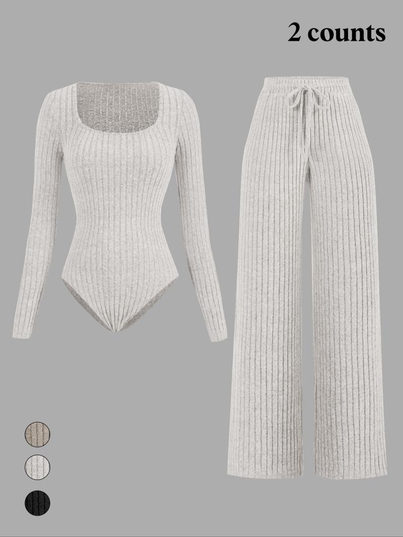 Women's Slim-Fit Solid Color Ribbed Fleece Jumpsuit Set, Wide Leg Pants, Fashionable Comfortable Fabric for Daily Wear Women's Slim-Fit Solid Color Ribbed Fleece Jumpsuit Set, Wide Leg Pants, Fashionable Comfortable Fabric for Daily Wear