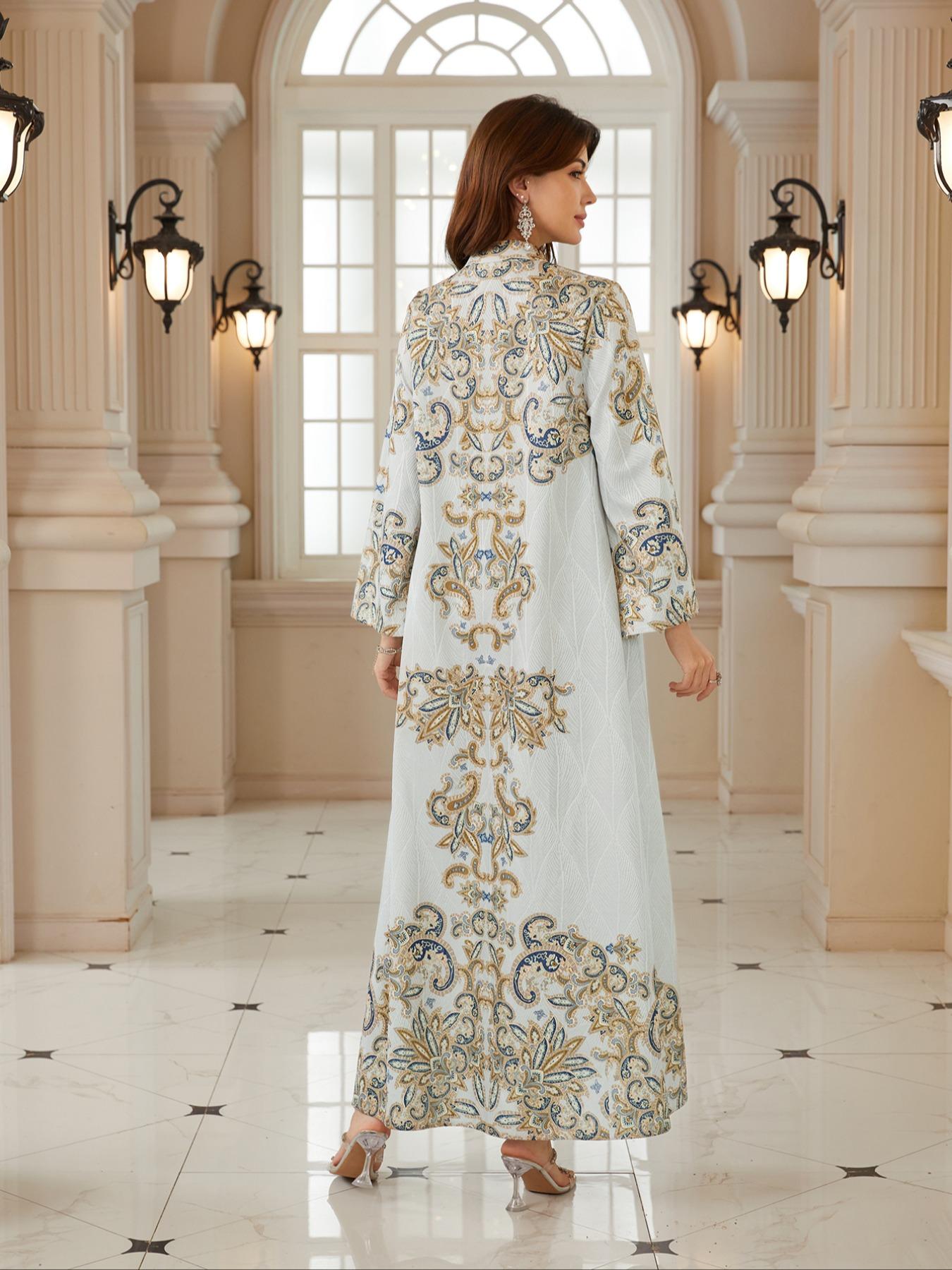 Middle Eastern Women's New Fabric Printed Embellished Dress, Arabic Long Robe Evening Gown Abayas Full Beaded Jalabiya, Abayas For Eid