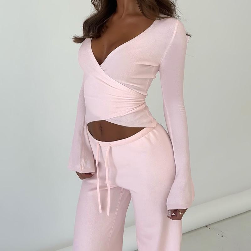 V Neck Sexy Top + Fashion Long Pants Christmas Holiday Atmosphere Set, Slim-Fitting, Plain Pattern, Spring & Fall Style V Neck Sexy Top + Fashion Long Pants Christmas Holiday Atmosphere Set, Slim-Fitting, Plain Pattern, Spring & Fall Style
