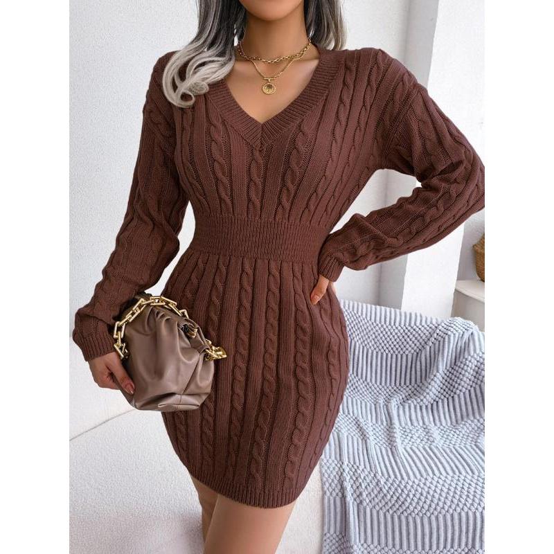 Women's Cozy V-Neck Cable Knit Sweater Dress – Soft Textured Drop Shoulder Long Sleeve Dress for Fall & Winter Women's Cozy V-Neck Cable Knit Sweater Dress – Soft Textured Drop Shoulder Long Sleeve Dress for Fall & Winter