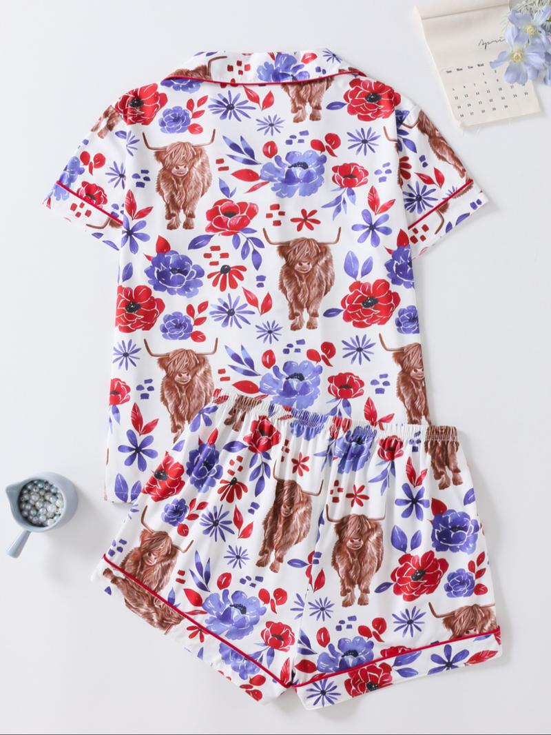 Women's Floral & Cow Print Top & Shorts Pajama Two-piece Set, Casual Comfy Short Sleeve Top & Shorts Pajama Set, Ladies Sleepwear for Summer, Womenswear Women's Floral & Cow Print Top & Shorts Pajama Two-piece Set, Casual Comfy Short Sleeve Top & Shorts Pajama Set, Ladies Sleepwear for Summer, Womenswear