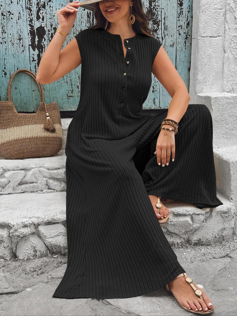 Plus Size Solid Button Front Jumpsuit, Casual Comfy Sleeveless Jumpsuit for Daily Wear, Women's Plus Clothing for All Seasons, Clothes Plus Size Solid Button Front Jumpsuit, Casual Comfy Sleeveless Jumpsuit for Daily Wear, Women's Plus Clothing for All Seasons, Clothes