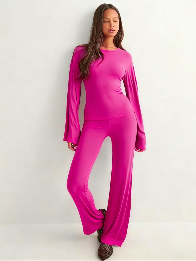 Women's Fall New Round Neck Flare Long Sleeve Top & Elastic Waist Straight Leg Pants Set, Casual Fashion for Daily Wear