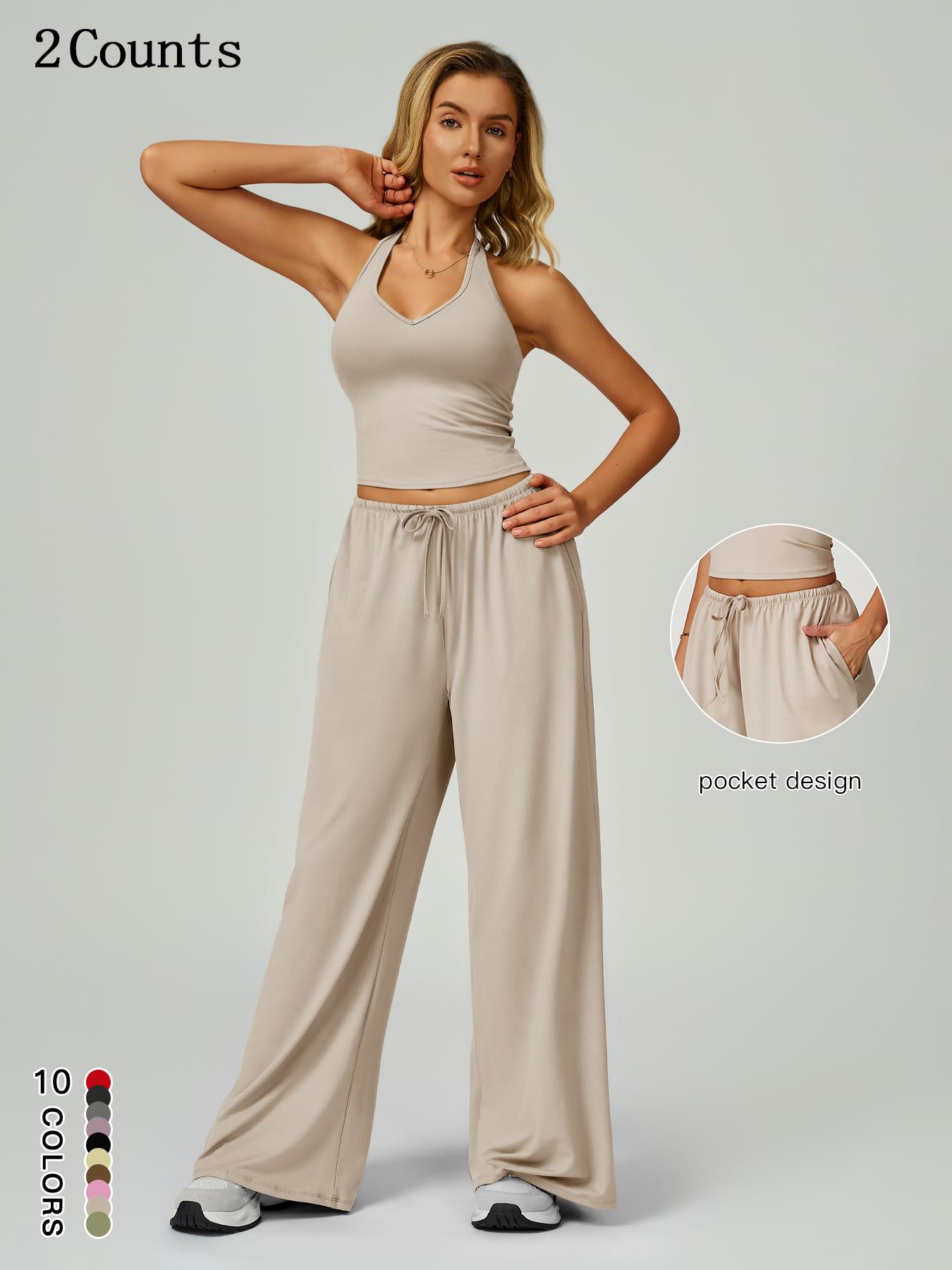 Women's Solid Crop Tank Top & Wide Leg Pants Set, Casual V Neck Sleeveless Top & Trousers for Daily Outdoor Wear, Ladies Sportswear for Summer Sports, Yoga and Airport Outfits, Gym Outfit Women's Solid Crop Tank Top & Wide Leg Pants Set, Casual V Neck Sleeveless Top & Trousers for Daily Outdoor Wear, Ladies Sportswear for Summer Sports, Yoga and Airport Outfits, Gym Outfit