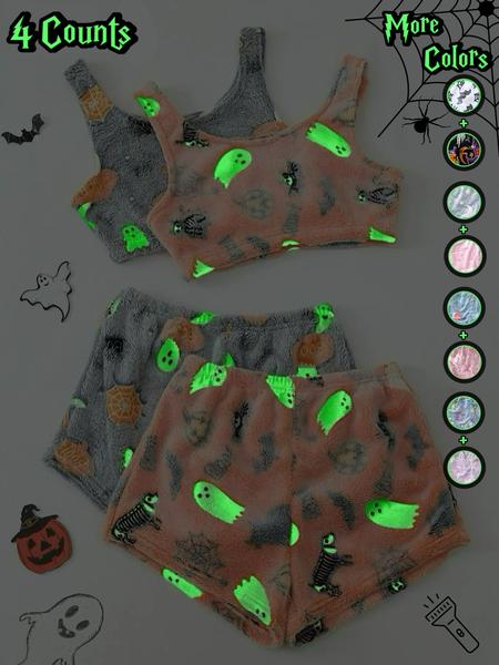 4 Counts/2 Set Women's Halloween Print Glow in The Dark Crop Tank Top & Elastic Waist Shorts Fluffy Pajamas, Casual Comfortable Loungewear for Women, Comfy Loungewear for Women, Women's Sleepwear for Fall, Fluffy Pajamas 4 Counts/2 Set Women's Halloween Print Glow in The Dark Crop Tank Top & Elastic Waist Shorts Fluffy Pajamas, Casual Comfortable Loungewear for Women, Comfy Loungewear for Women, Women's Sleepwear for Fall, Fluffy Pajamas