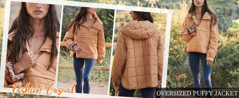 Tanming Women's Oversized Puffer Jacket Quilted Dolman Hoodies Pullover Long Sleeve Lightweight Warm Tops with Big Chest Pocket