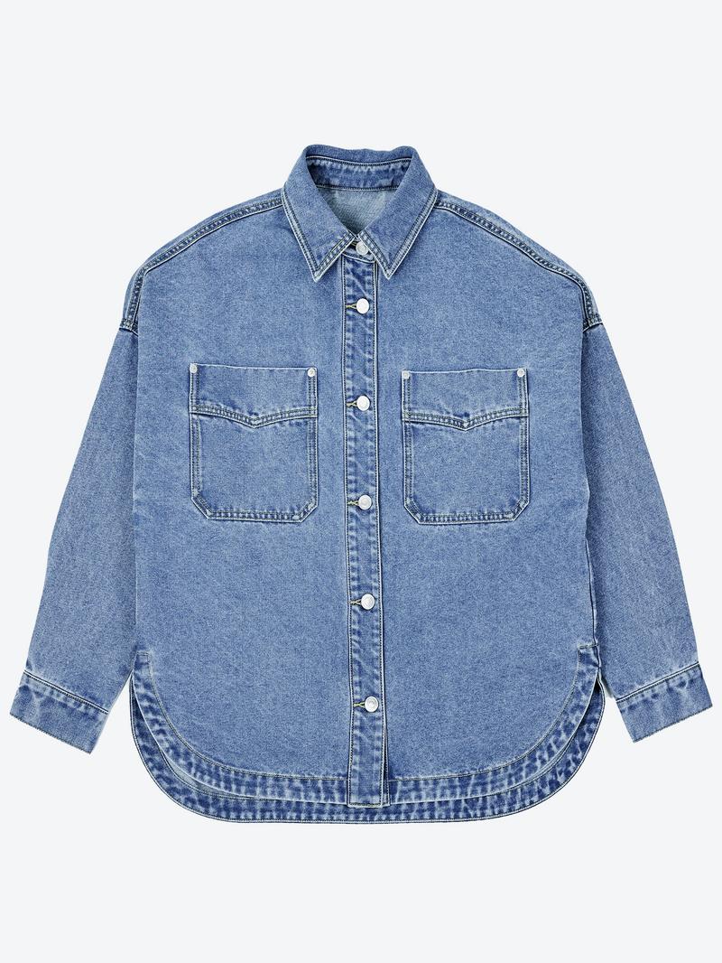 Women's Plain Button Front Drop Shoulder Curved Hem Denim Jacket, Casual Long Sleeve Pocket Design Collar Outerwear for Daily Wear, Ladies Clothes for All Seasons