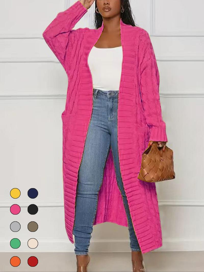 Women's Solid Color Textured Drop Shoulder Pocket Longline Cardigan, Casual Open Front Knitwear for Fall & Winter, Women's Knit Clothing for Daily Wear, Sweaters for Women, Trending Clothing Women, Going Out Tops, Womenswear, Yellow
