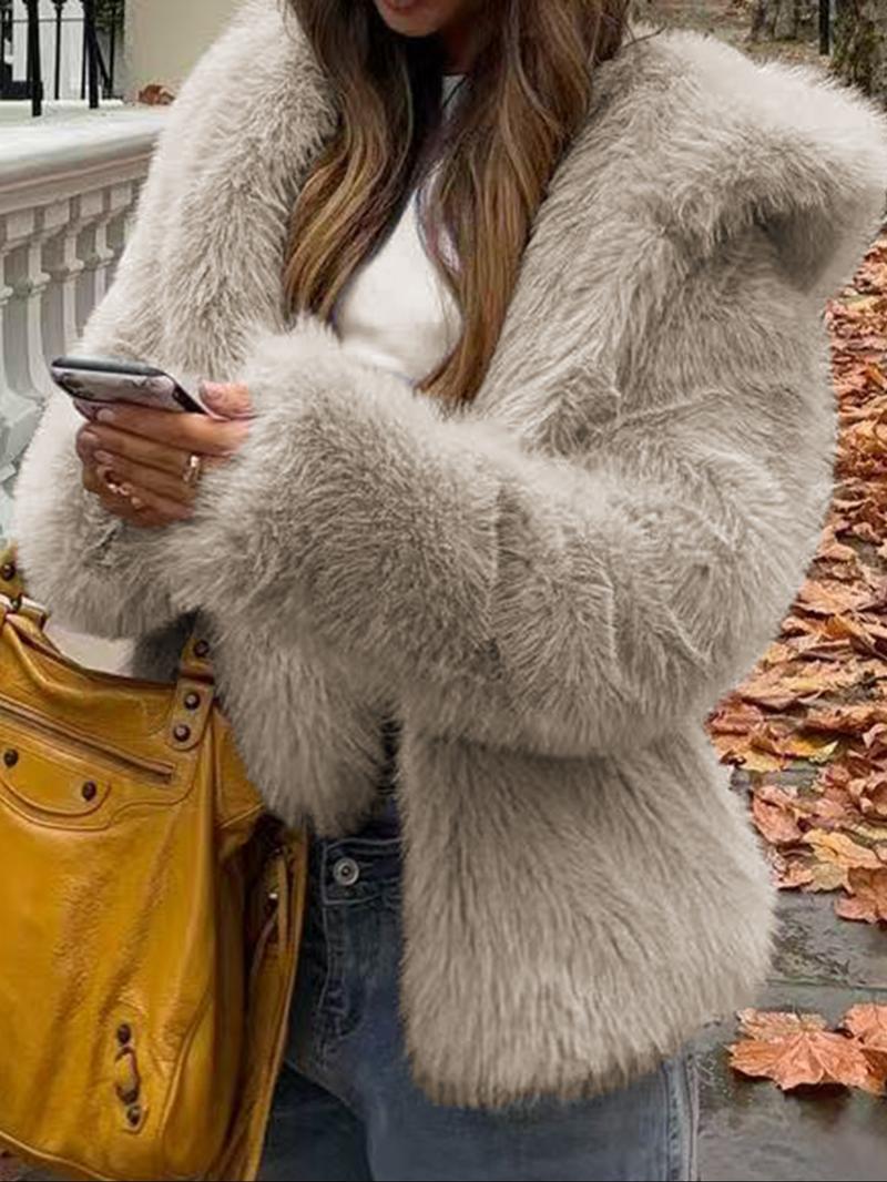 Women's Casual Faux Fur Hooded Jacket Short Style Fall & Winter Wear Moderate Fabric Thickness Fitted Design Coffee Brown Basic Outerwear Coats