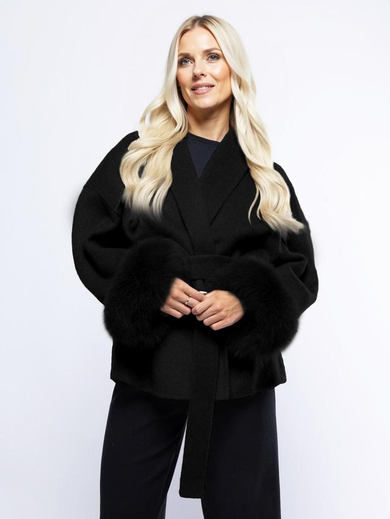 Women's Elegant Solid Color Waist Tie Plush Long Sleeve Thermal Wrap Coat