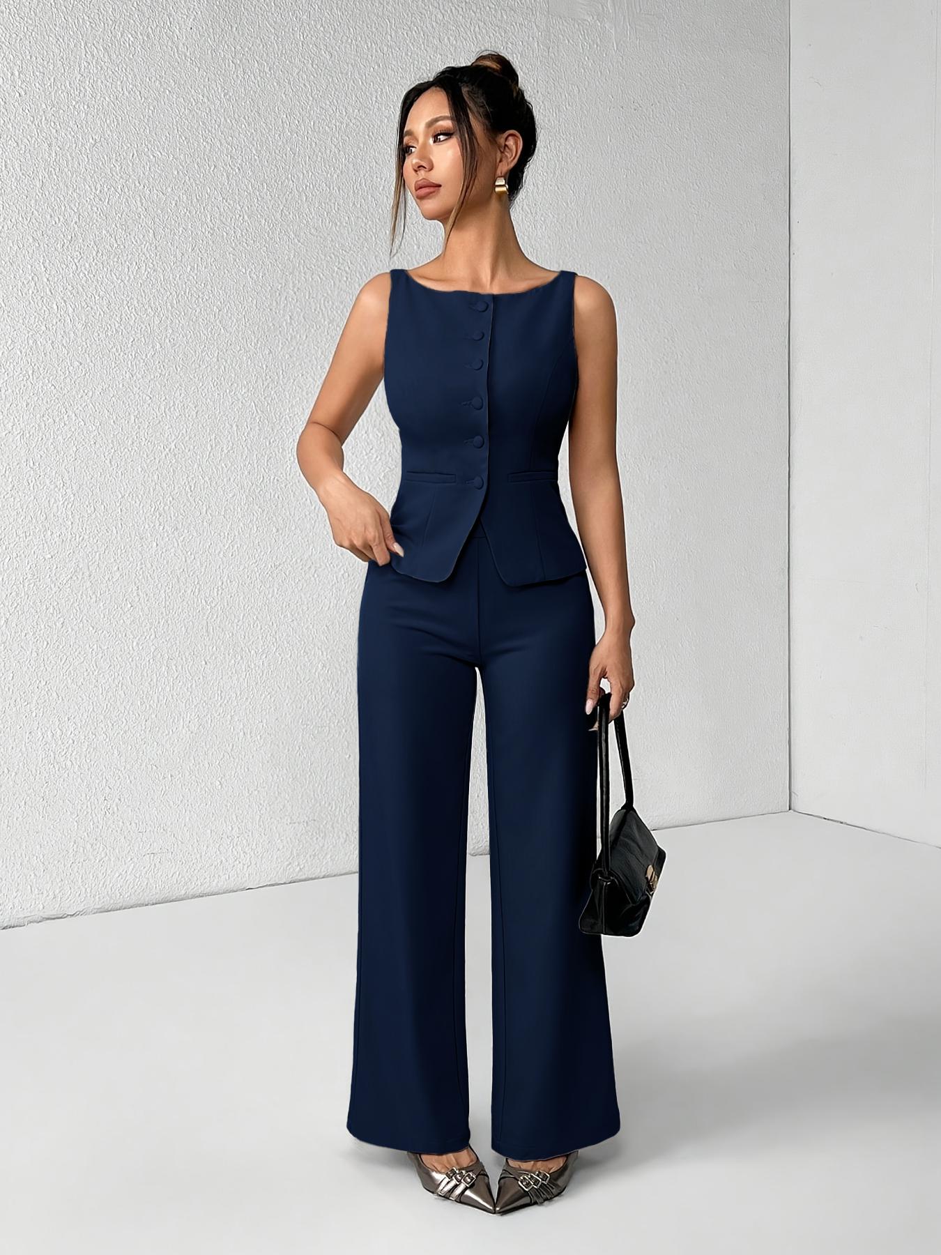 Women's Solid Button Front Sleeveless Tank Top & Wide Leg Pants Set, Casual Elegant Chic Minimalist Fashion Two-piece Set for Summer, Women's Clothing for Daily Wear, Suits, Office Siren Outfits, Casual Matching Set, Corporate Outfits Women Women's Solid Button Front Sleeveless Tank Top & Wide Leg Pants Set, Casual Elegant Chic Minimalist Fashion Two-piece Set for Summer, Women's Clothing for Daily Wear, Suits, Office Siren Outfits, Casual Matching Set, Corporate Outfits Women