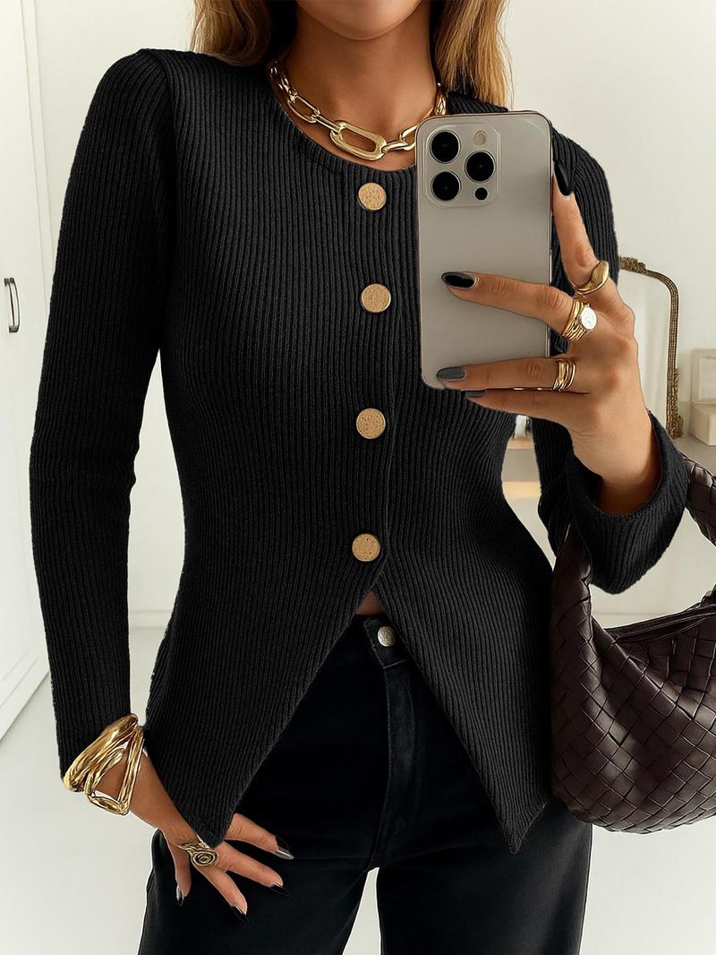 Women's Casual Elegant Ribbed Knit Button Long Sleeve Top, Fitted Plain Design, All Season Wear, Moderate Fabric Thickness Women's Casual Elegant Ribbed Knit Button Long Sleeve Top, Fitted Plain Design, All Season Wear, Moderate Fabric Thickness
