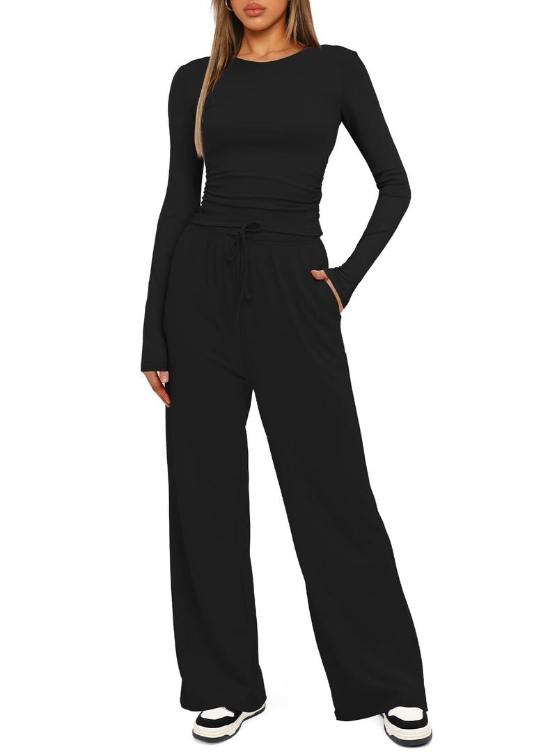 Women's Solid Ruched Drawstring Loungewear Set, Casual Long Sleeve Round Neck Top & Pocket Wide Leg Trousers, Ladies Sleepwear for All Seasons