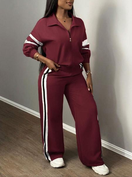 Women's Zipper Jacket & Striped Wide-Leg Pants Set, Streetwear & Casual, Two-Piece Suit for Daily Wear Women's Zipper Jacket & Striped Wide-Leg Pants Set, Streetwear & Casual, Two-Piece Suit for Daily Wear