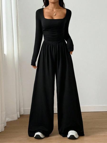 Women's Fall Winter Knit Wide Leg Jumpsuit, Casual Fashion Plain Color Round Neck One-Piece, Versatile Long Sleeve Romper Women's Fall Winter Knit Wide Leg Jumpsuit, Casual Fashion Plain Color Round Neck One-Piece, Versatile Long Sleeve Romper