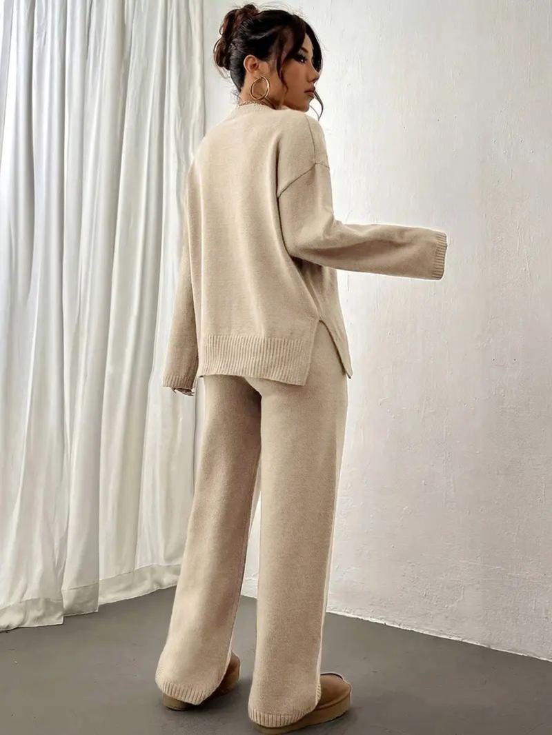 Women's Solid Drop Shoulder Split Hem Sweater & Elastic Waist Straight Leg Pants Two-piece Set, Casual Fashion Cozy Knitwear Set for Daily Outdoor Wear, Women Knitwear for Fall & Winter, Womenswear Women's Solid Drop Shoulder Split Hem Sweater & Elastic Waist Straight Leg Pants Two-piece Set, Casual Fashion Cozy Knitwear Set for Daily Outdoor Wear, Women Knitwear for Fall & Winter, Womenswear