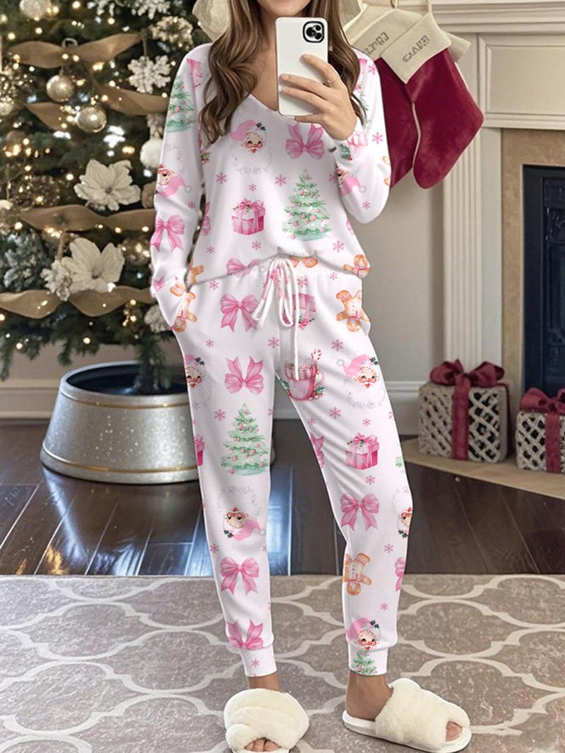 Women's Christmas Print Casual Set, Long Sleeve V Neck Top & Belted Pants, Ladies Homewear & Pajamas, Spring & Fall Fashion Women's Christmas Print Casual Set, Long Sleeve V Neck Top & Belted Pants, Ladies Homewear & Pajamas, Spring & Fall Fashion