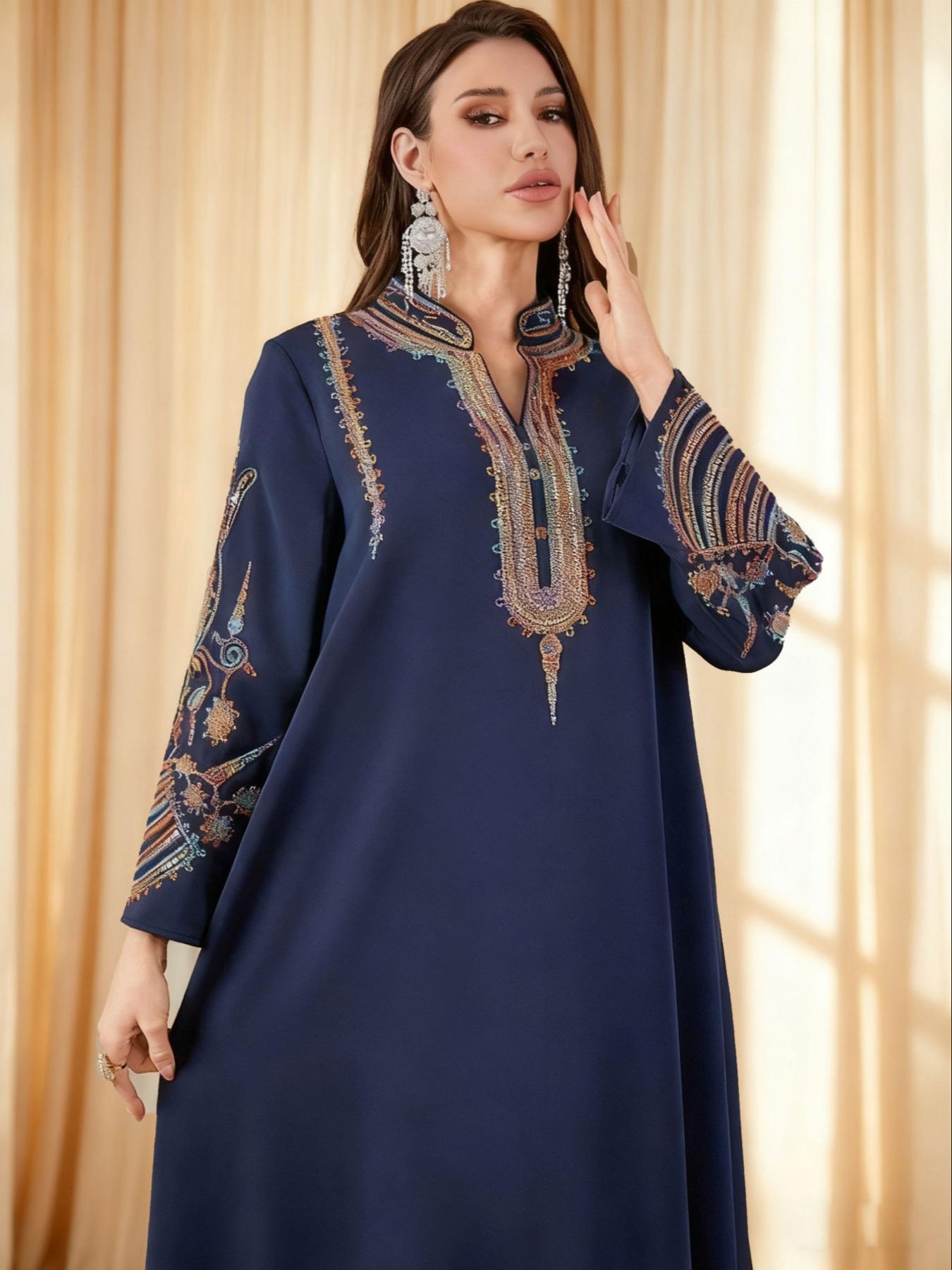 Elegant Muslim Women's Long Robe with Colorful Embroidery, Perfect for All Seasons, Stylish and Comfortable Clothing, Muslim Women Gowns Elegant Muslim Women's Long Robe with Colorful Embroidery, Perfect for All Seasons, Stylish and Comfortable Clothing, Muslim Women Gowns