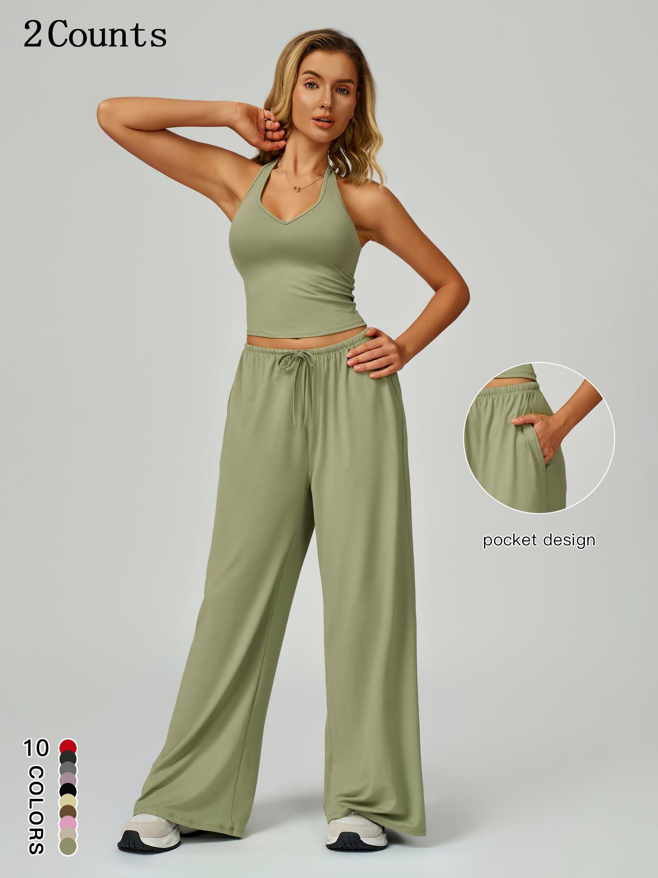 Women's Solid Crop Tank Top & Wide Leg Pants Set, Casual V Neck Sleeveless Top & Trousers for Daily Outdoor Wear, Ladies Sportswear for Summer Sports, Yoga and Airport Outfits, Gym Outfit Women's Solid Crop Tank Top & Wide Leg Pants Set, Casual V Neck Sleeveless Top & Trousers for Daily Outdoor Wear, Ladies Sportswear for Summer Sports, Yoga and Airport Outfits, Gym Outfit