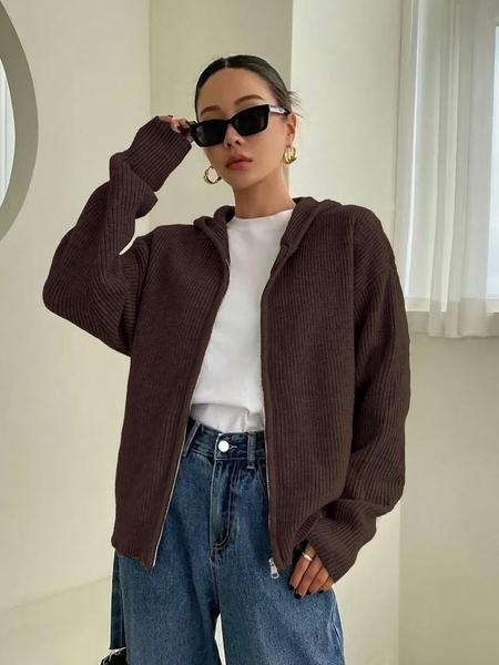 Women's Solid Color Zip Up Hooded Sweater Cardigan, Casual Long Sleeve Knitwear for Fall & Winter, Fashion Ladies' Knit Clothing for Daily Wear