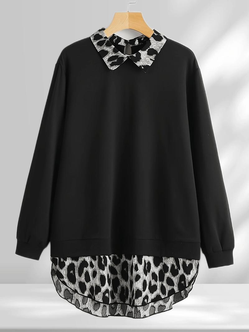 【Plus Size】 Leopard Print Curved Hem Pullover Sweatshirt, Casual Long Sleeve Sweatshirt for Fall & Winter, Women's Clothing for Daily Wear