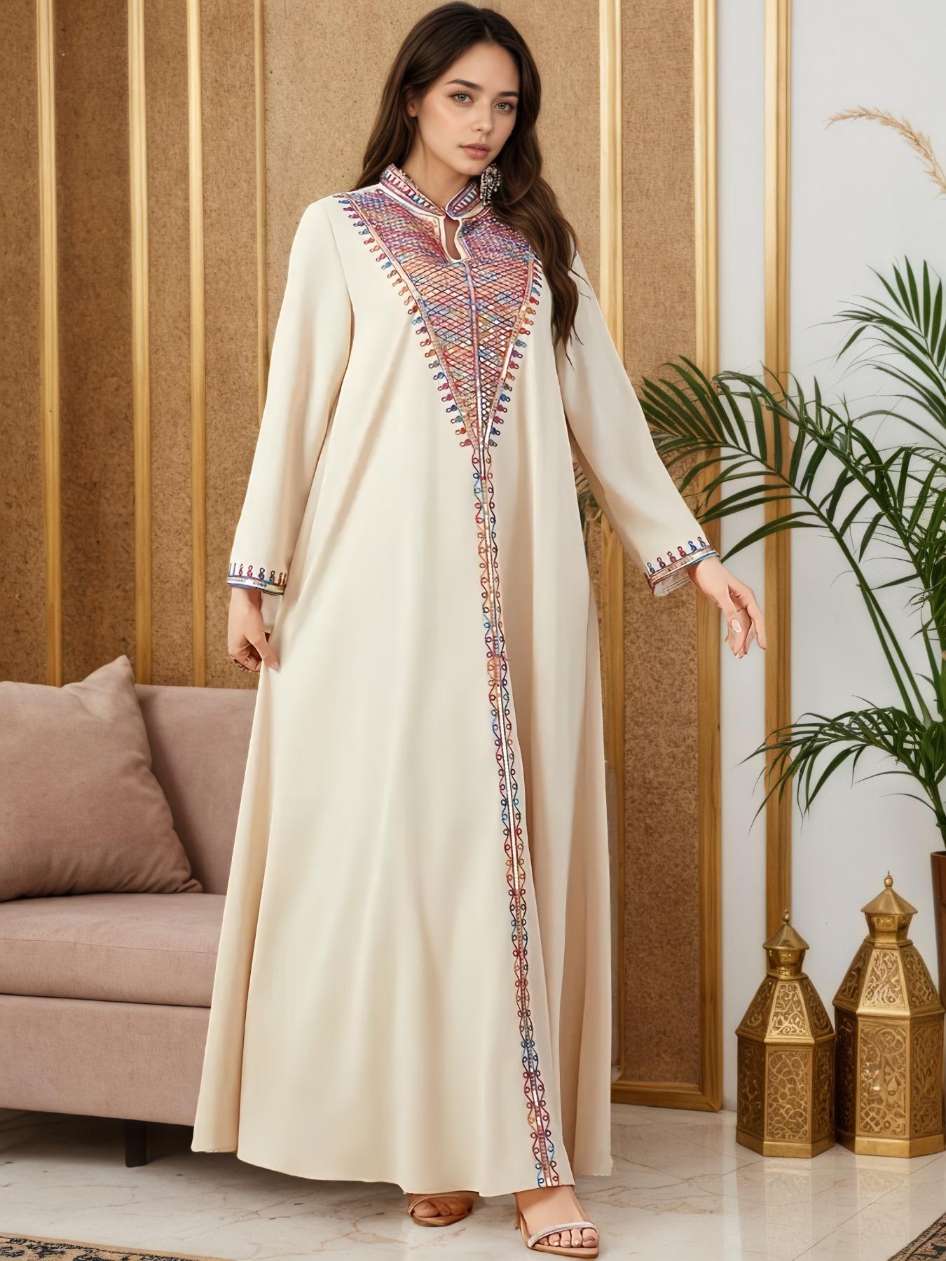 Elegant Muslim Women's Long Robe with Colorful Embroidery, Perfect for All Seasons, Stylish and Comfortable Clothing, Muslim Women Gowns Elegant Muslim Women's Long Robe with Colorful Embroidery, Perfect for All Seasons, Stylish and Comfortable Clothing, Muslim Women Gowns