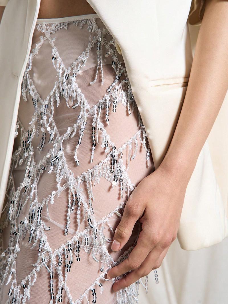 Women's Sexy Transparent Sequin Fringe Mesh Midi Dress, Party Festival Prom Gown, High Waist Fitted Plain Design, All Seasons Women's Sexy Transparent Sequin Fringe Mesh Midi Dress, Party Festival Prom Gown, High Waist Fitted Plain Design, All Seasons